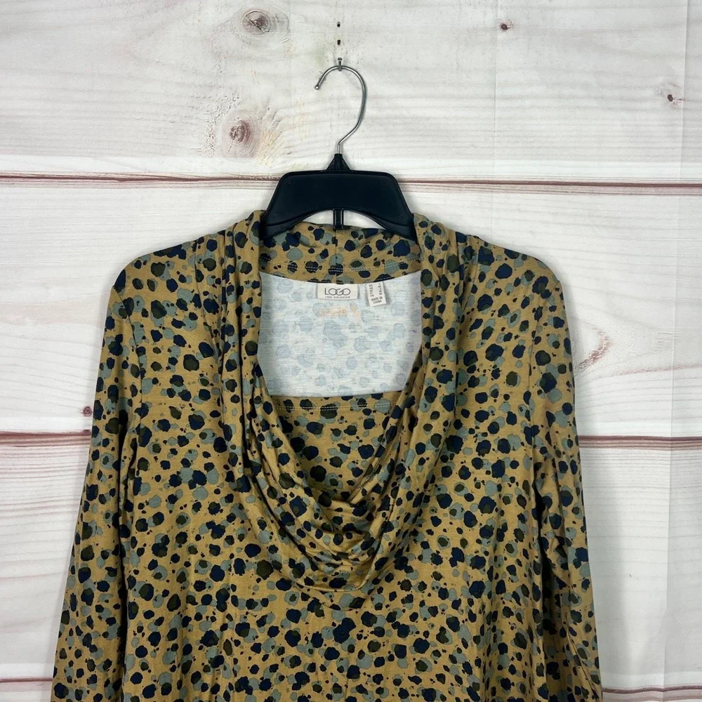 LOGO Lori Goldstein Top Womens‎ S Tan Printed Blouse Legacy Rayon 230 Cowl Neck